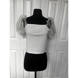 Altar'd State White Ribbed Top Sheer Puff Sleeves Square Neck Trendy Size‎ L